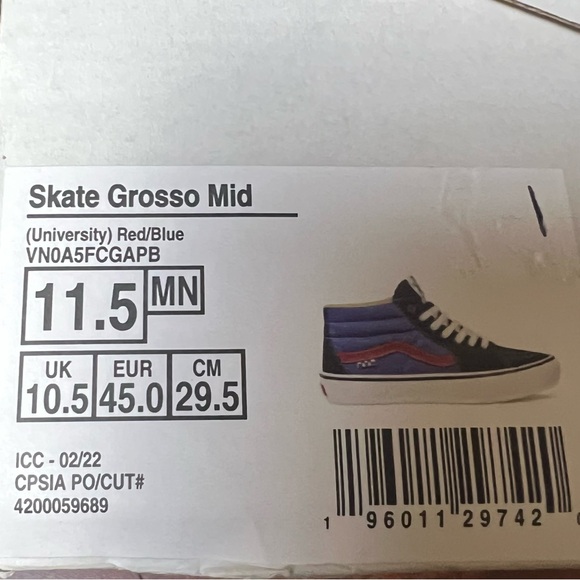 VANS New! Men’s Shoes Skate Grosso Mid University Red Blue Size 11.5 - Picture 9 of 9